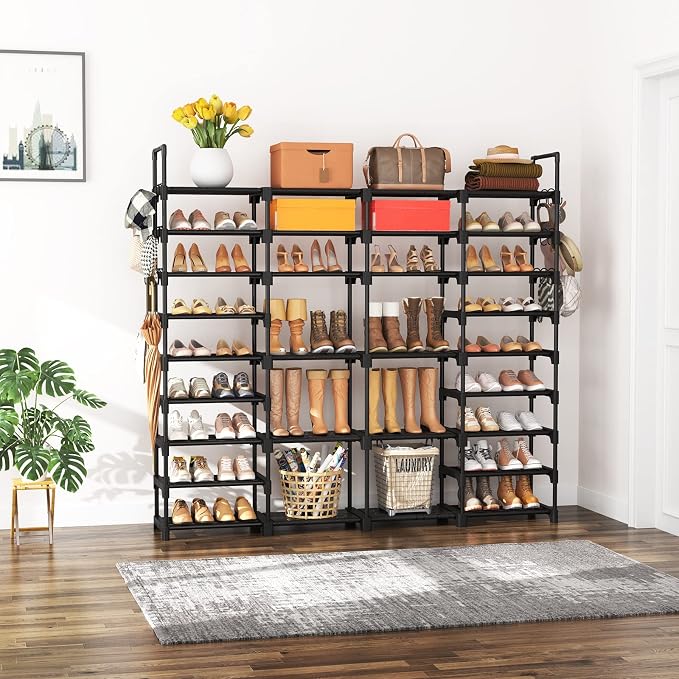 ROJASOP Large Shoe Rack Organizer for Entryway Closet 64-68 Pairs 9-Tier Heavy Duty Tall Garage Shoe Rack Shoe Shelf Shoes Storage with 18 Pcs Removable Side Hooks for Bedroom and Garage Black