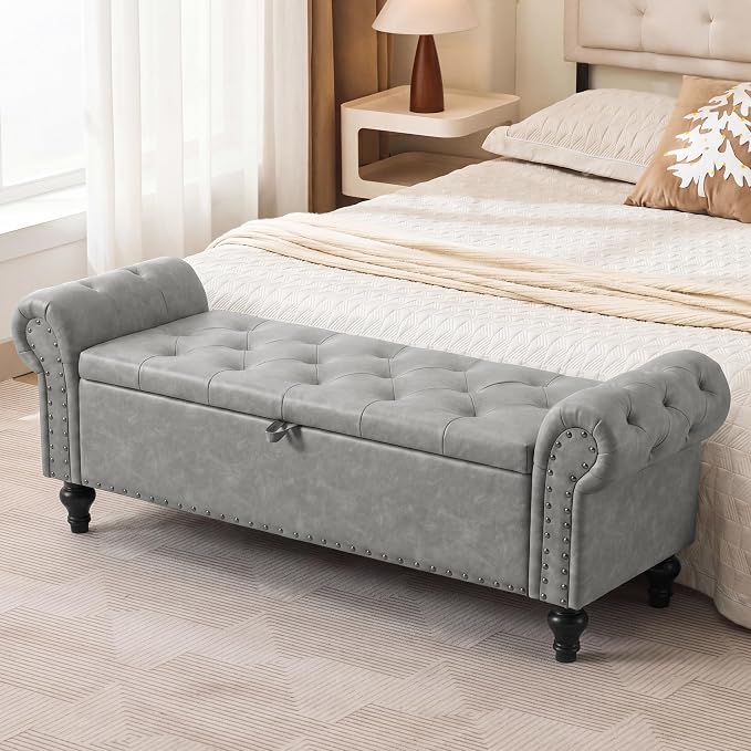 55" Storage Bench for Bedroom, Upholstered Ottoman Bench, Leather LightGray | End of Bed Bench for Bedroom, Window Benches for Living Room, Entryway, Ottoman with Large Storage Space, Pet Friendly