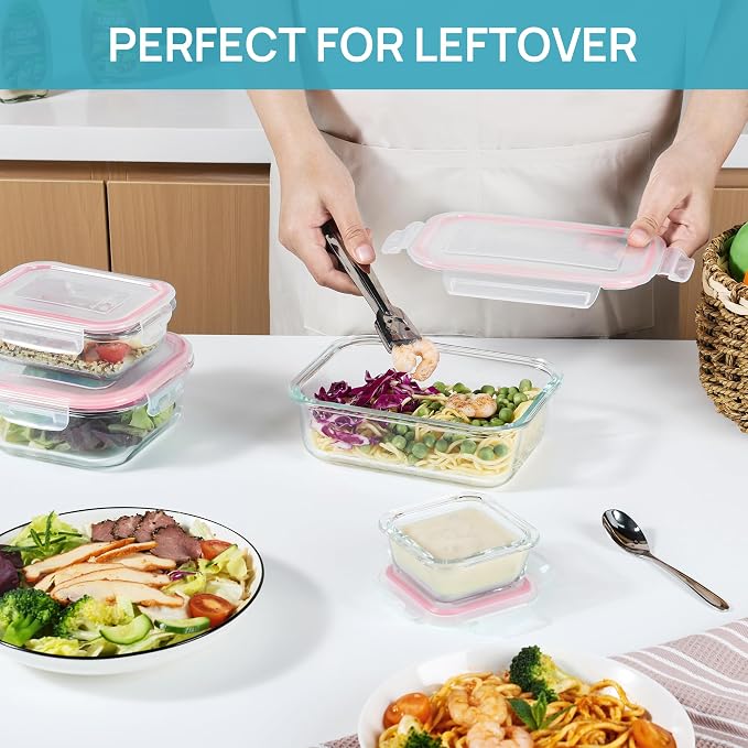 Vtopmart 8 Pack Glass Food Storage Containers with Airtight Lids | Meal Prep Lunch Containers, Leakproof, Leftover Storage, Take-out, Microwave, Oven, Freezer and Dishwasher Safe, BPA Free