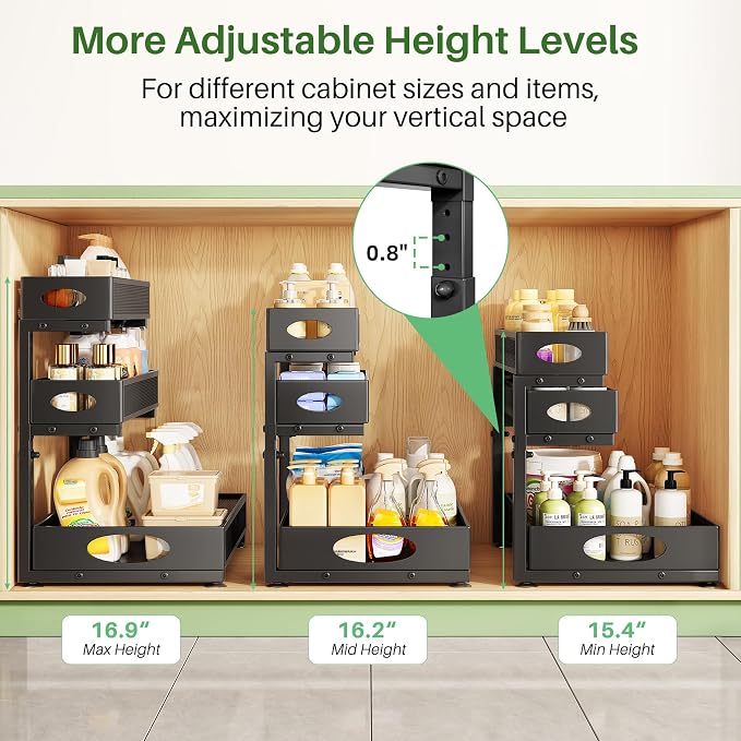 Kitstorack Under Sink Organizer 3-Tier Slide Out Drawer 1-Pack Black | Height Adjustable, Metal Mesh Storage Rack, Pull out Cabinet Organizer Shelf for Bathroom Kitchen Pantry Home Organization