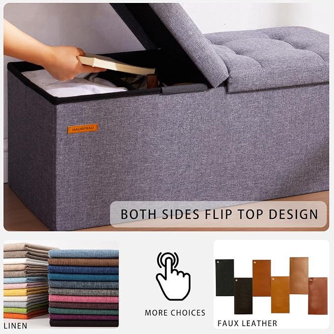 HAUSFRAU Ottoman with Storage Bench Folding Foot Rest Stool Linen Nude | 31.5", Flip Lid, Small Upholstered Foldable Footrest Footstool, Bedroom Bench, Living Room Dorm Ottoman, Rectangle