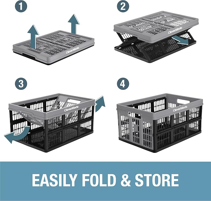 CleverMade Collapsible Utility Crates - Red 1pck 45L / 11 Gal holds 66 lbs - Stackable Containers Heavy Duty Capacity Crates Space-Saving Baskets