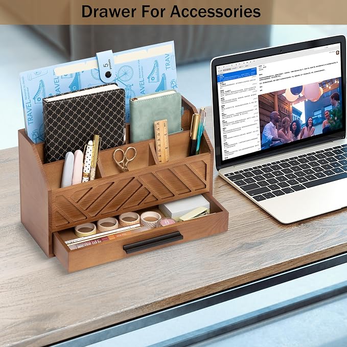dreampossible Brown Wood Desk Organizer and Accessories with Drawer, Bill Mail Organizer and File Mail Holder for Office Supplies, Modern Desk Accessories & Workspace Organizers for Desk Organization