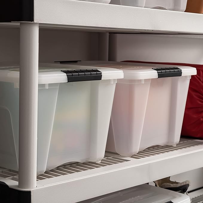 IRIS USA 4-Pack 32 Quart Storage Bins with Lids, Pearl | Conceals contents for a clean look. Great for linens, décor, closet storage, and supplies. Nestable design saves space