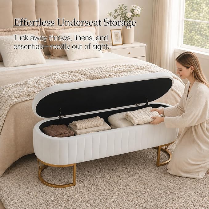46" Storage Ottoman Bench, Velvet Oval End of Bed Bench Ivory | Easy 1-Min Assembly, High-Resilience Foam, Large Hidden Storage, Sturdy Gold Metal Legs