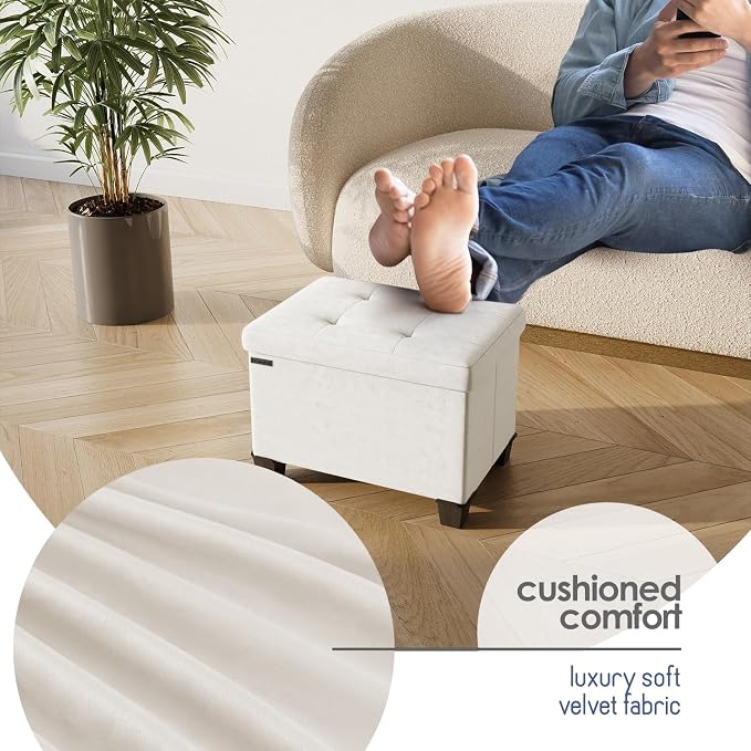 Storage Ottoman Cube with Small Bin, 16-in Square Ottoman with Storage for Living Room and Bedroom, Small Ottomans Foot Rest, Velvet Foot Stools Ottomans Max 330lbs, Cream