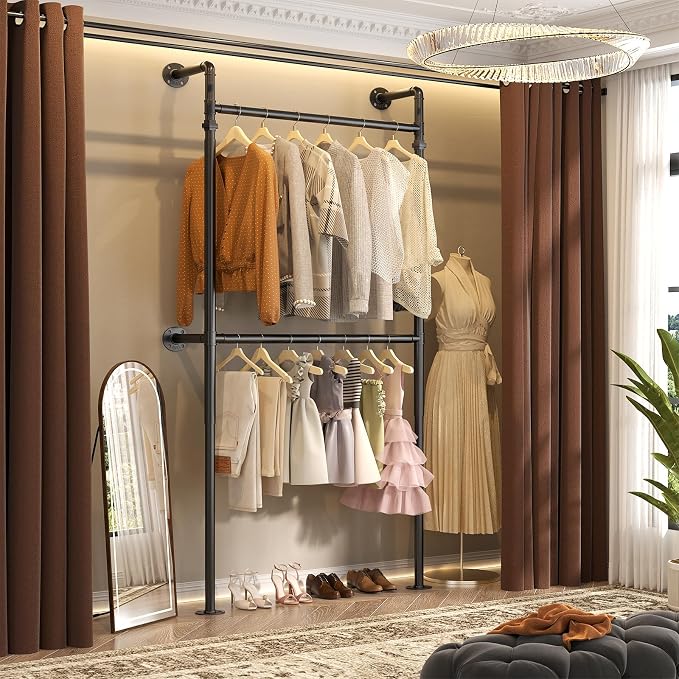 Aheaplus Industrial Pipe Clothing Rack, Reversible 3.5FT Clothes Rack for Hanging Clothes, Heavy Duty Garment Racks, Wall Mounted Closet Wardrobe Racks, Small Walk-in Closet System, Black