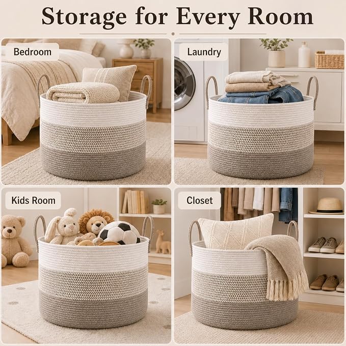 JMvicyroam 115L Extra Large Machine Washable Cotton Rope Blanket Basket | Collapsible laundry hamper, Reinforced handles, For blankets,pillows,toys and clothes, Living room and bedroom,White&BrownMix
