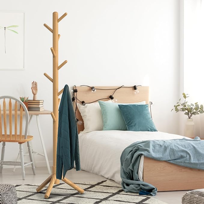 Simple Houseware Wooden Coat Rack Stand, Hall Tree with 9 Hooks, Oak | Adjustable Tree Rack for Entryway, Hallway, Bedroom, Office