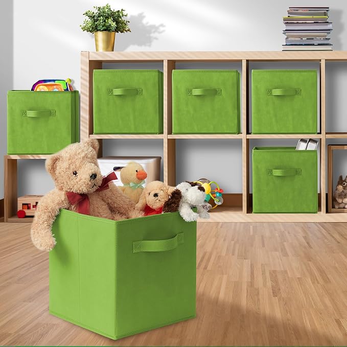 Casafield Set of 6 Collapsible Fabric Cube Storage Bins, Lime Green - 11" Foldable Cloth Baskets for Shelves, Cubby Organizers & More