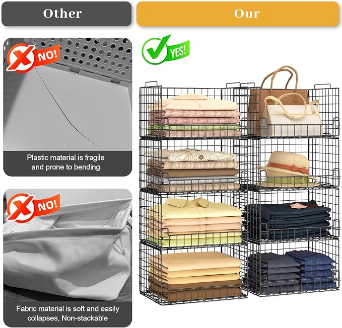 4-Tier Stackable Closet Organizers and Storage Basket - Foldable Closet Shelf Organizer System, Sturdy Metal Space-Saving Clothes Storage Bins for Wardrobe, Black