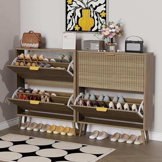 KIGOTY Narrow Shoe Storage Cabinet, Shoe Cabinet with 2 Flip Drawers, Freestanding Shoe Organizer with Legs for Entryway, Slim Shoe Rack Cabinet for Enterway (Yellow, 2 Flip Drawer)