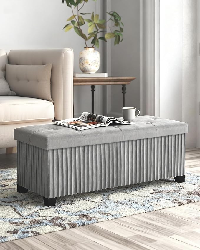 LITZFUR 43 Inches Storage Ottoman Bench, Velvet Foot Rest Stool, Grey | Folding Ottoman with Legs, End of Bed Bench, Storage Chest for Living Room, Bedroom