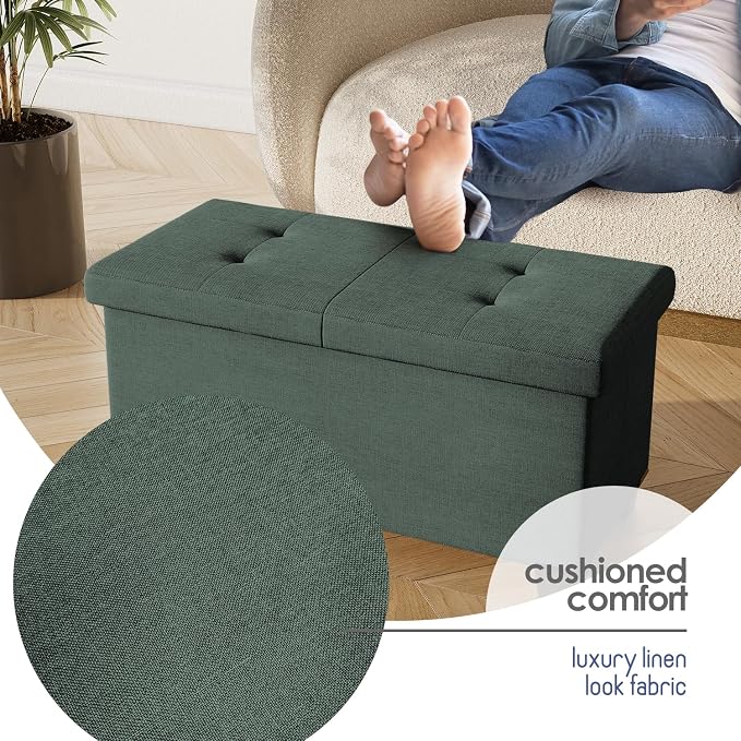 Storage Ottoman Bench with Bins, 30-in Storage Bench for Bedroom End of Bed, Folding Foot Rest Ottoman for Living Room Max 660lbs, Fabric Ottomans, Green