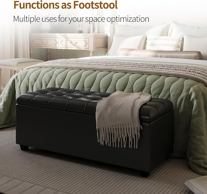 38" Black Faux Leather Storage Ottoman Footrest | Solid wood frame bench, 4-leg easy assembly. Use as end-of-bed, footrest, entryway seat. Hinged hidden storage, multi-use.