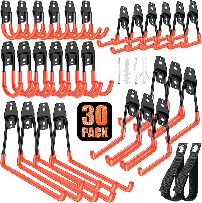 MKRUI 30-Pack Garage Hooks for Storage & Hanging Items, Save Space | Hangs Bikes, Ladders, Ropes, Hoses, Tools; for Garage, Warehouse, Shop, Shed, Yard