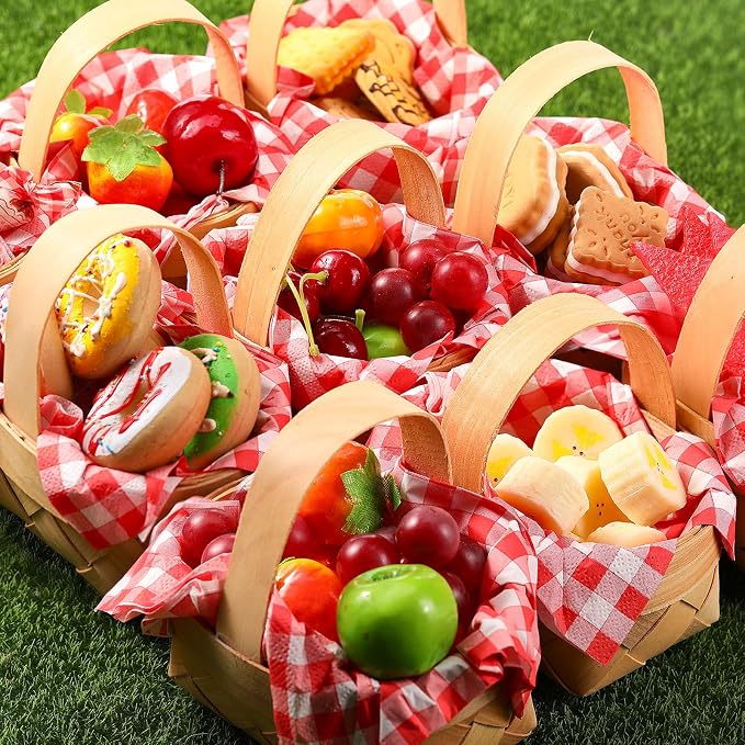24 Pcs Summer Mini Woven Picnic Basket Party Favor Red White Gingham Paper Napkins Wood Chip Mini Flower Fruit Picnic Basket Chip for Summer Wedding Party Baby Shower Decoration (Medium)