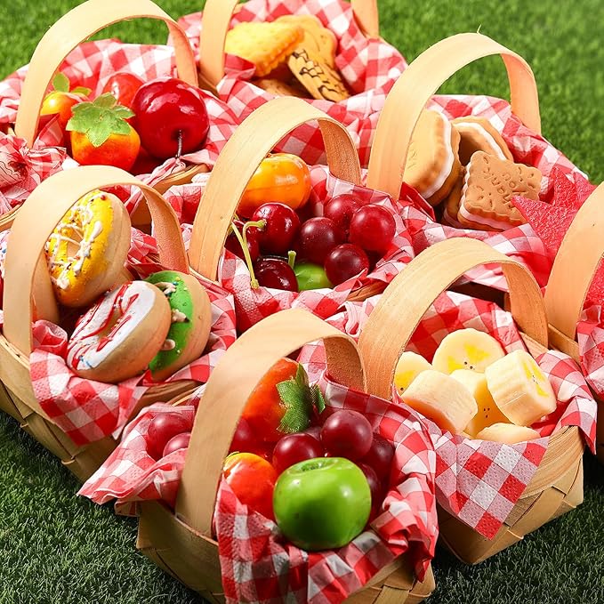 12 Pcs Summer Mini Woven Picnic Basket Party Favor Red White Gingham Paper Napkins Wood Chip Mini Flower Fruit Picnic Basket Chip for Summer Wedding Party Baby Shower Decoration (Medium)