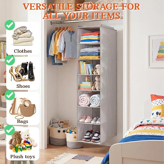 Deep Pocket Hanging Closet Organizer, 8 Tier Hanging Shoe Organizer | Adjustable Shelf Height Closet Organizers and Storage for Sweaters, Shoes, Hoodies & Blankets, Heavy Duty Hanging Shelves