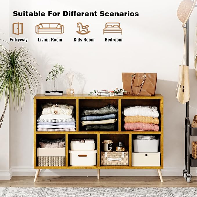 7-Cube Storage Organizer with Natural Wood Legs, Mid-Century Modern Bookcase and Display Cabinet, Freestanding Toy Storage Bookshelf for Living Room, Kids Room and Bedroom, Rustic Brown