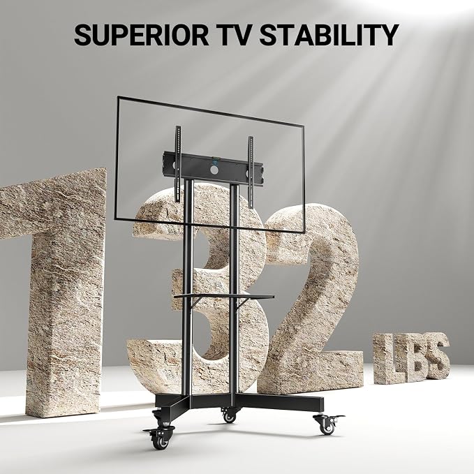 PERLESMITH Rolling TV Stand with Lockable Wheels for 32-86 Inch TVs Holds up to 132 Lbs, Height Adjustable Mobile TV Stand on Wheels with Laptop Shelf, Rolling Tv Cart Max VESA 600x400mm PSTVMC01