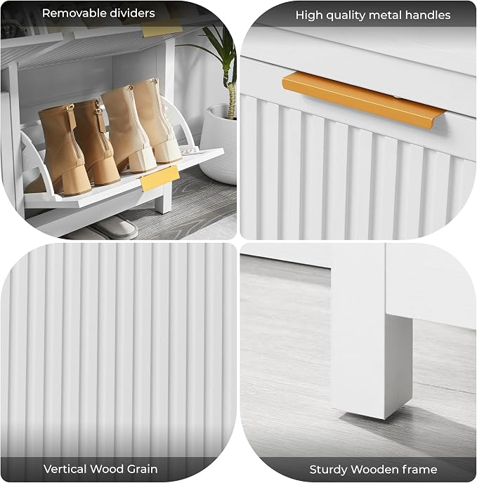 4-Flip Drawer Shoe Cabinet Narrow Entryway Rack, White | Vertical Wood Grain, Metal Handles, Adjustable Compartments, Removable Shelf, Anti-Tip Device, for Hallway Foyer Entryway