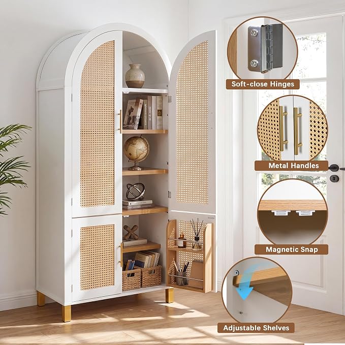 Merax 71" Arched Bookcase,Tall Pantry Storage Cabinet with Shelf Doors | Farmhouse Bookshelf with Rattan Doors Built-in Racks for Home Office,Kitchen,Dining Room,White