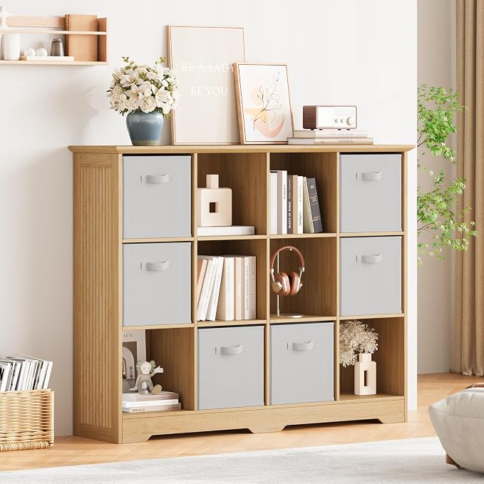 12 Cube Storage Organizer Shelf, Wood Cubby Storage with 6 Fabric Drawers | 3 Tier Wooden Bookshelf with 2 Adjustable Shelves, Fluted Side Panels Bookcase for Records, Books, Ornaments