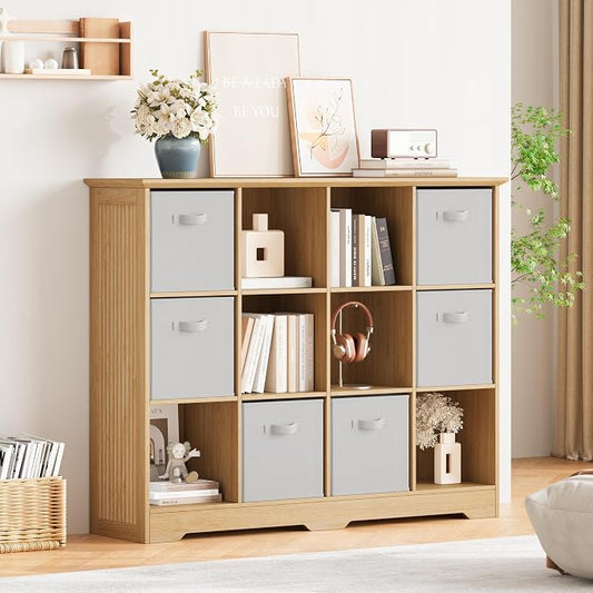 12 Cube Storage Organizer Shelf, Wood Cubby Storage with 6 Fabric Drawers | 3 Tier Wooden Bookshelf with 2 Adjustable Shelves, Fluted Side Panels Bookcase for Records, Books, Ornaments