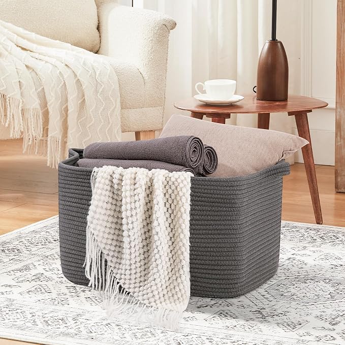 OIASKET Large Toy Basket, Rectangle Woven Rope Storage Basket for Blankets, Dirty Clothes, Shoes, Nursery Organizer Bins (Dark Grey)