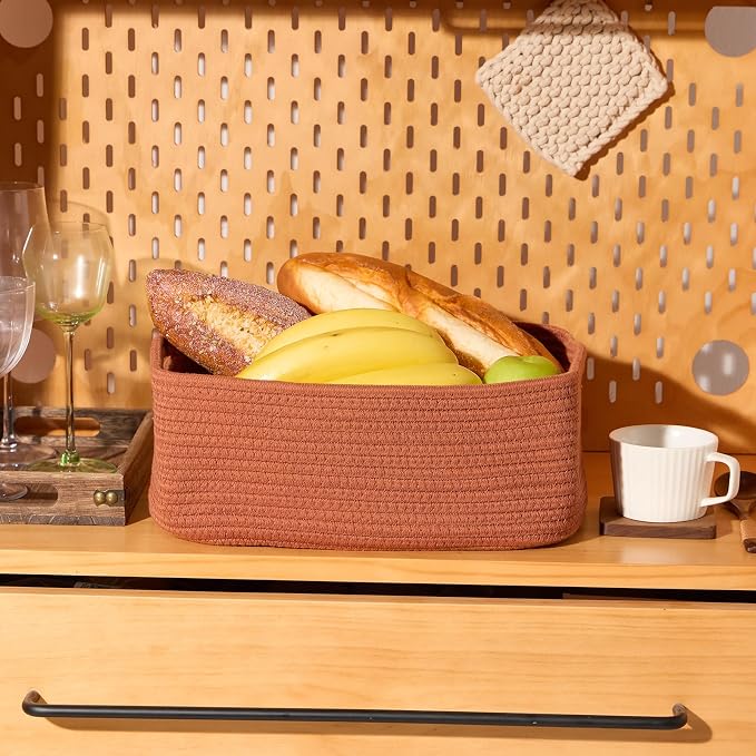 MiniArk Small Storage Baskets for Organizing | Closet Organizer Bins | Shelf Toy Basket | Woven Rope Baskets | Cube Decorative Box | Shallow Basket | 13x8.5x5.1” | 3 Packs Oxide Red