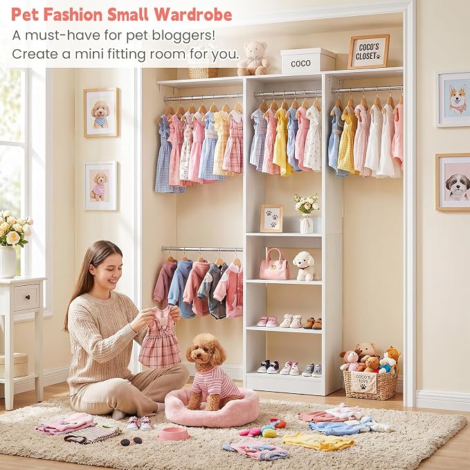 48" Small Closet System, Space-Saving Wall-Mounted Wardrobe Organizer, Mini Garment Rack for Narrow Spaces, Morning Outfit Prep Station & Nursery Dress-up Storage, White