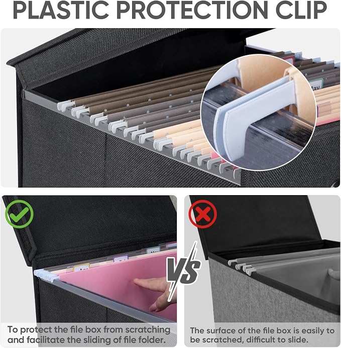 BALEINE File Organizer Box with Lid, Collapsible File Folder Organizer with Plastic Slide, Hanging File Folder Box for Office Document Storage (Tab Friendly, 2 Pack, Black)