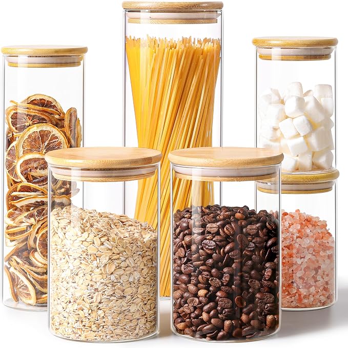 ComSaf Glass Storage Jars 6 Pack, Pasta Containers, Pantry Organization | Tall Glass Jar, Storage Containers Set of 6 (2Qt/1.1Qt/1Qt*2/0.5Qt*2), Kitchen Canisters, Pantry Storage, Spaghetti, BPA Free