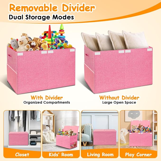 Large Toy Storage Box with Lid Upgraded Toy Chest Organizer with Removable PP Divider Foldable Toy Bin for Kids Boys Girls Linen Fabric Toy Box for Playroom Nursery Bedroom (25"x13"x16")