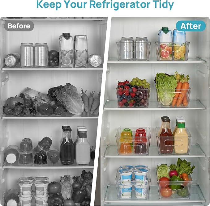 Vtopmart 4pcs Clear Storage Bins with Handles | BPA-free Plastic Storage Containers, Easy to Move, For Fridge Freezer, Pantry Cabinet Kitchen Organization, Built to Last