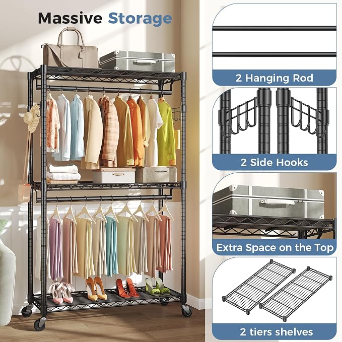 OLIXIS Rolling Clothes Rack, Heavy Duty Garment Rack, 47 IN, Black | Adjustable Closet Organizer for Hanging Clothes, Portable Closet with 2 Side Hooks