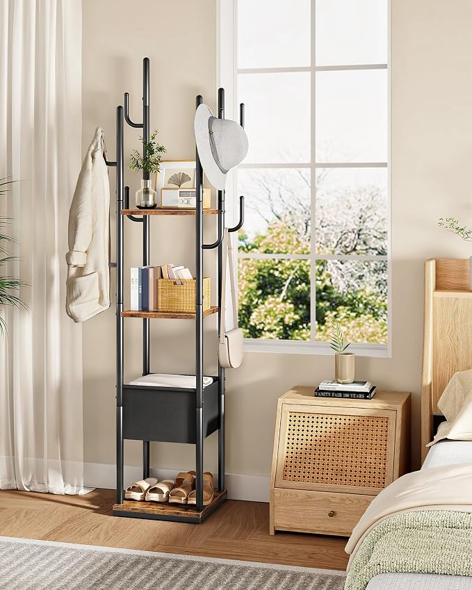 Coat Rack Freestanding, Coat Rack with 3 Shelves, 8 Hooks and 1 Fabric Pouch, Square Coat Hanger Stand, Metal Clothes Tree for Living Room, Bedroom, Entryway, Rustic Brown and Black TYM03BF