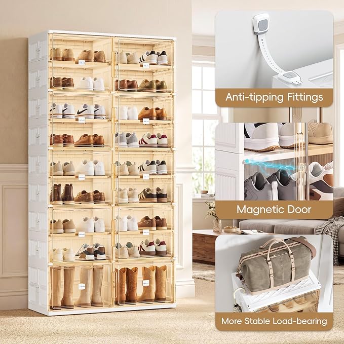 JEKO&JEKO 7 Tiers Foldable Boot and Shoe Storage Rack Cabinet for Closet Entryway, Large Collapsible Shoe Organizer with Magnetic Doors (White)
