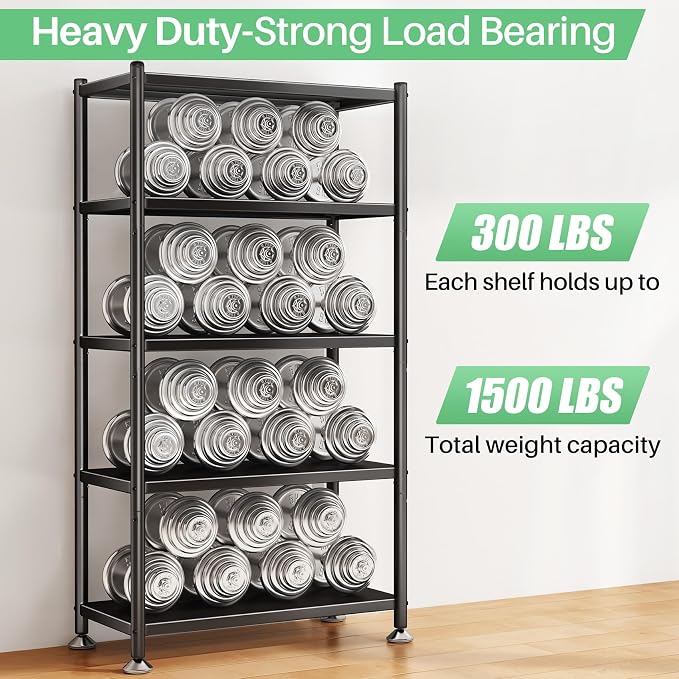 5 Tier Adjustable Storage Shelves, Heavy Duty Metal Storage Rack with Wheels, Shelving Units Utility Shelf for Kitchen, Pantry, Bathroom, Garage, Office Organization and Storage, Black, 13"x24"x59.7"