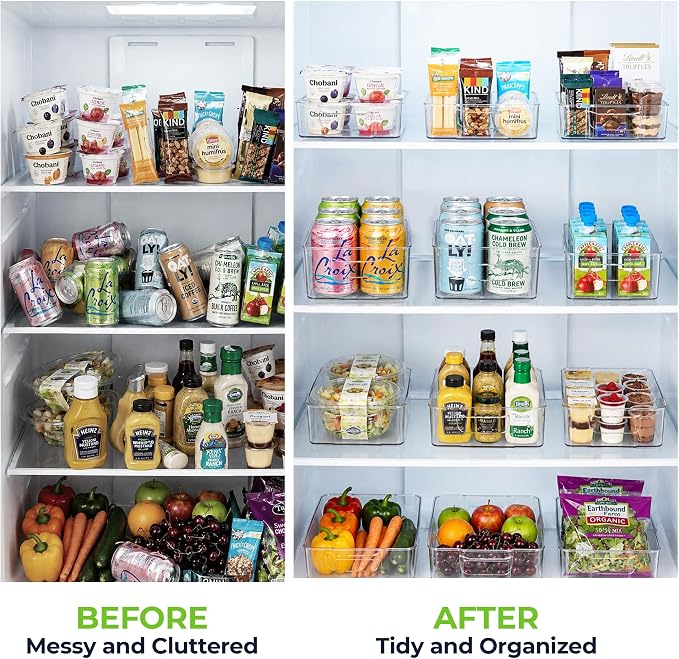 Zulay Kitchen 4 Pack Clear Refrigerator Organizer Bins - Large Fridge Organizers and Storage Containers - Transparent, BPA Free, Durable, Shatterproof