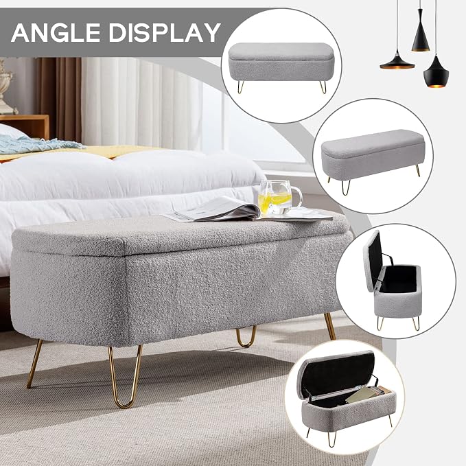 Modern Storage Ottoman Bench, Teddy Upholstered Entryway Bench with Gold Legs, Vintage End of Bed Bench with Safety Hinge, Padded Bench with Storage for Living Room, Bedroom, Entryway(Grey)