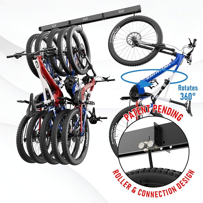 USA Based Ceiling Bike Rack Garage Storage Mount, Bicycle Hanger For Up To 6 Bikes, Sliding 51" Heavy Duty Hook Racks With Padded Hanging Mounts, Hooks Hangers (Black, 3 Rails - 6 Hooks)