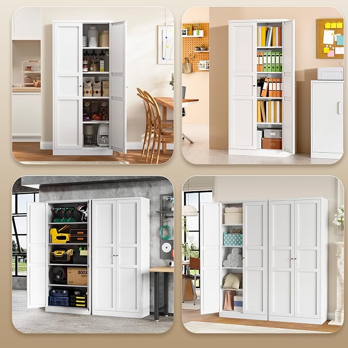 Yizosh Metal Storage Cabinet - 71" White Kitchen Pantry with 2 Doors and 5 Adjustable Shelves, 5-Tier Tall Steel Locker for Living Room, Dining Room