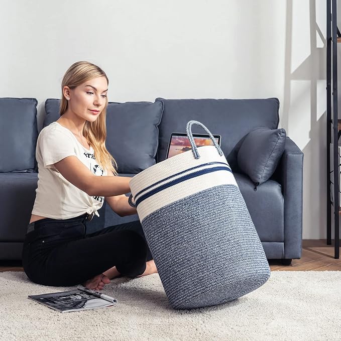 Woven Rope Laundry Hamper Basket by YOUDENOVA, 58L Tall Luandry Basket, Baby Nursery Hamper for Blanket Storage in Bedroom-Large-Blue | Large Woven Laundry Hamper with Sturdy Handles, Collapsible Home Decor Laundry Basket for Laundry, Clothes, Toys in ...
