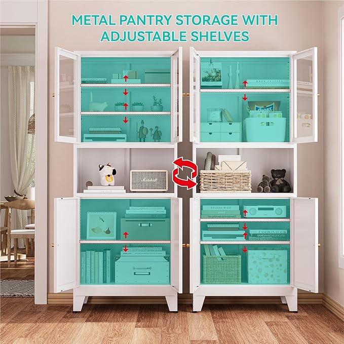 69" Tall Pantry Cabinet with Open Shelf,13.78“Deep By 28" Wide Storage Cabinet with Glass Doors and Adjustable Shelves,Microwave Stand,for Kitchen Dining Room Bathroom,White,1Pc