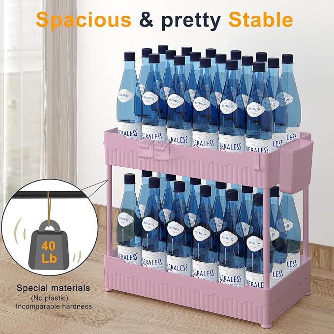 Sevenblue 2-Pack Under Sink Organizer with Hooks & Hanging Cup for Kitchen | Multi-use kitchen & bathroom storage, 12.8 inch pink cabinet organizer, with hooks and hanging cup for easy access.