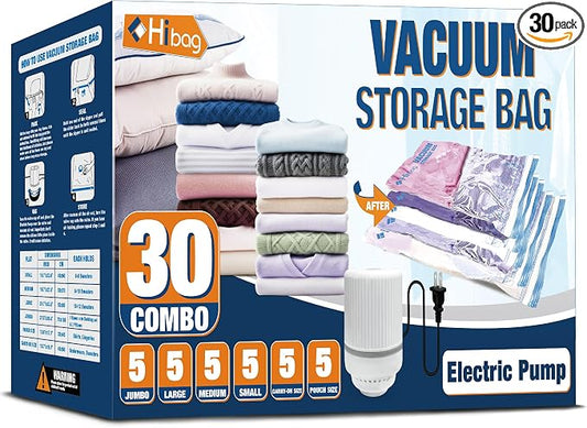HIBAG Vacuum Storage Bags with Electric Pump, Vacuum Seal Bags for Clothing, Pillows, Blanket Bedding Comforters, 30 pack
