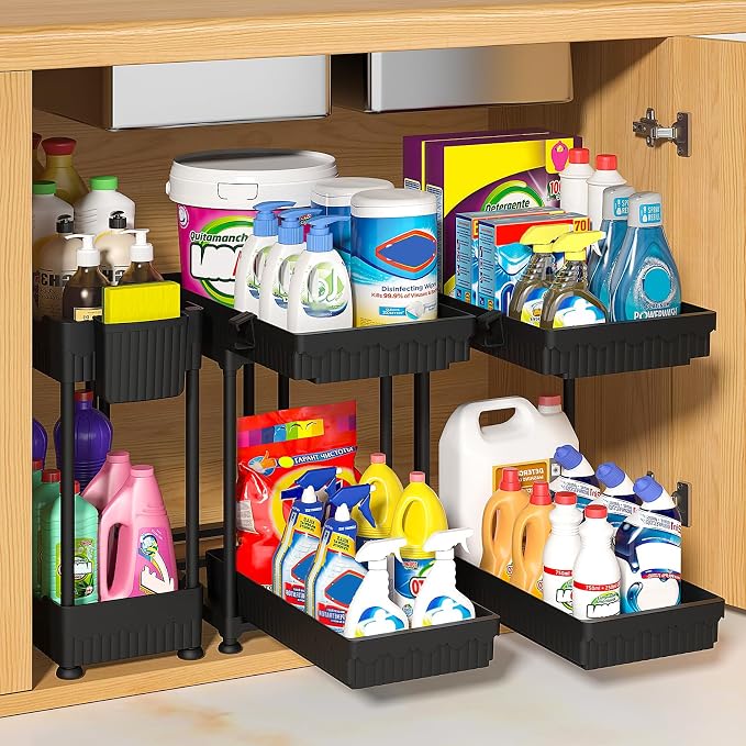 Sevenblue 3-Pack 2-Tier Under Sink Organizers with Sliding Drawers | Multi-use kitchen & bathroom storage, 12.8 inch 2-Tier Sliding cabinet organizer, space-saving sliding drawer design.