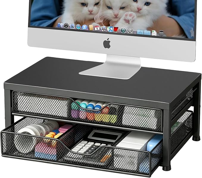 Computer Monitor Stand Riser, Desk Organizer with Drawer, Printer & Laptop Stand, Office Desk Accessories & Workspace Desktop Organizers Storage for Office Supplies(Black Double-Drawer)